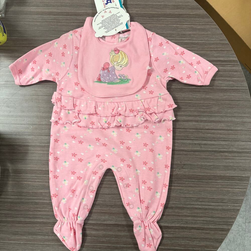 Y2K Precious Moments Baby Girl Pink Ruffle Romper 3/6M – Outfit w/ Bib